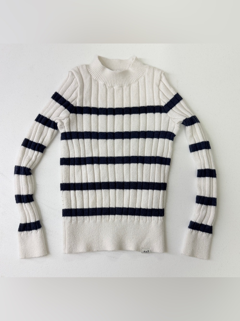 abercrombie kids Cream and Navy Ribbed Stripe Mock Neck Sweater